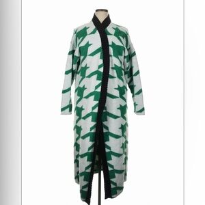Oversized Green and White Houndstooth Long Cardigan
